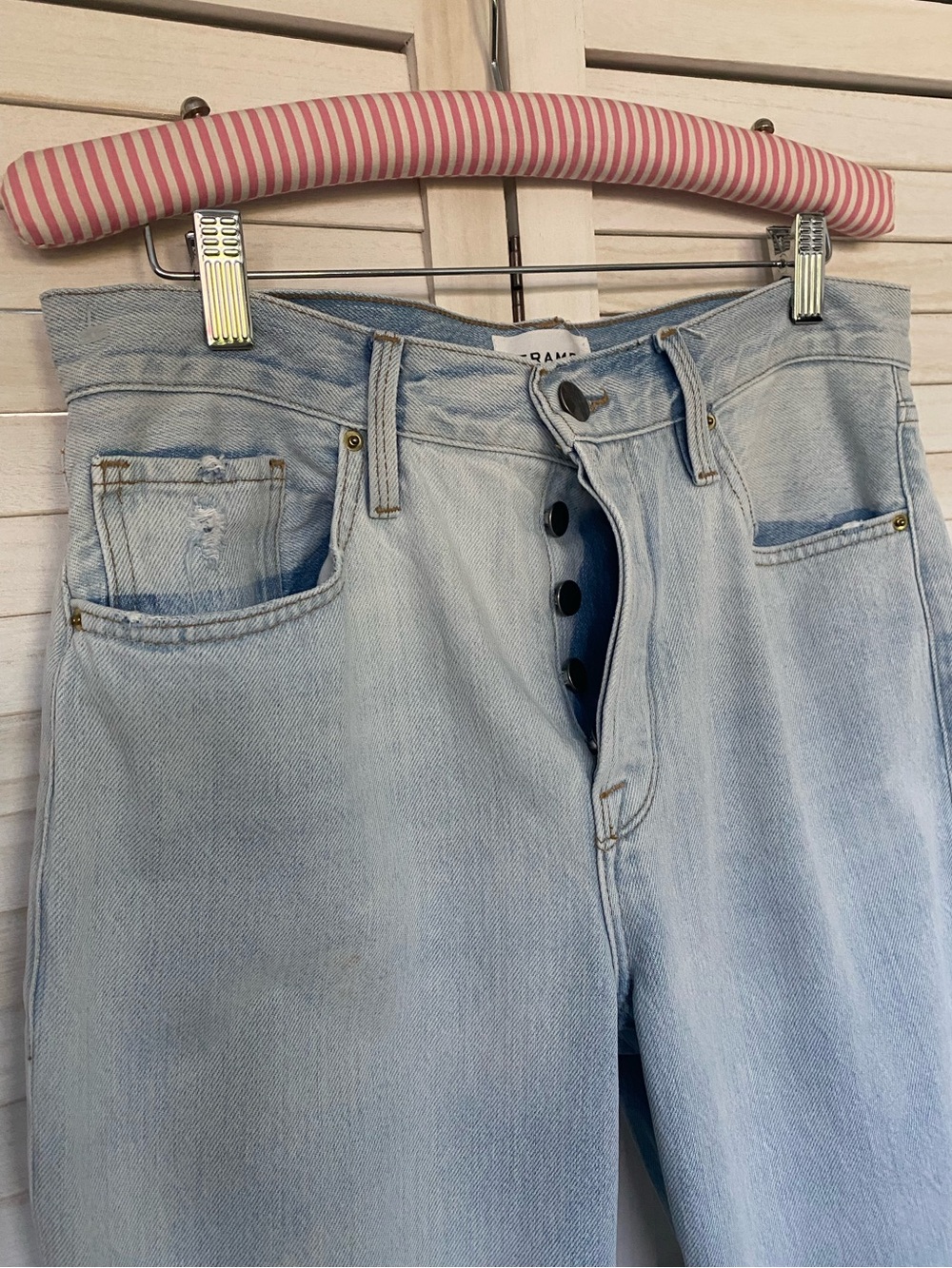 Frame Denim Light Blue Straight Leg Distressed Button Fly Jeans SZ 28 - Picture 8 of 14